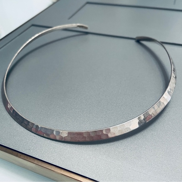 Hammered Collar Choker Sterling Silver Necklace Vintage Signed TEL A - Picture 4 of 9